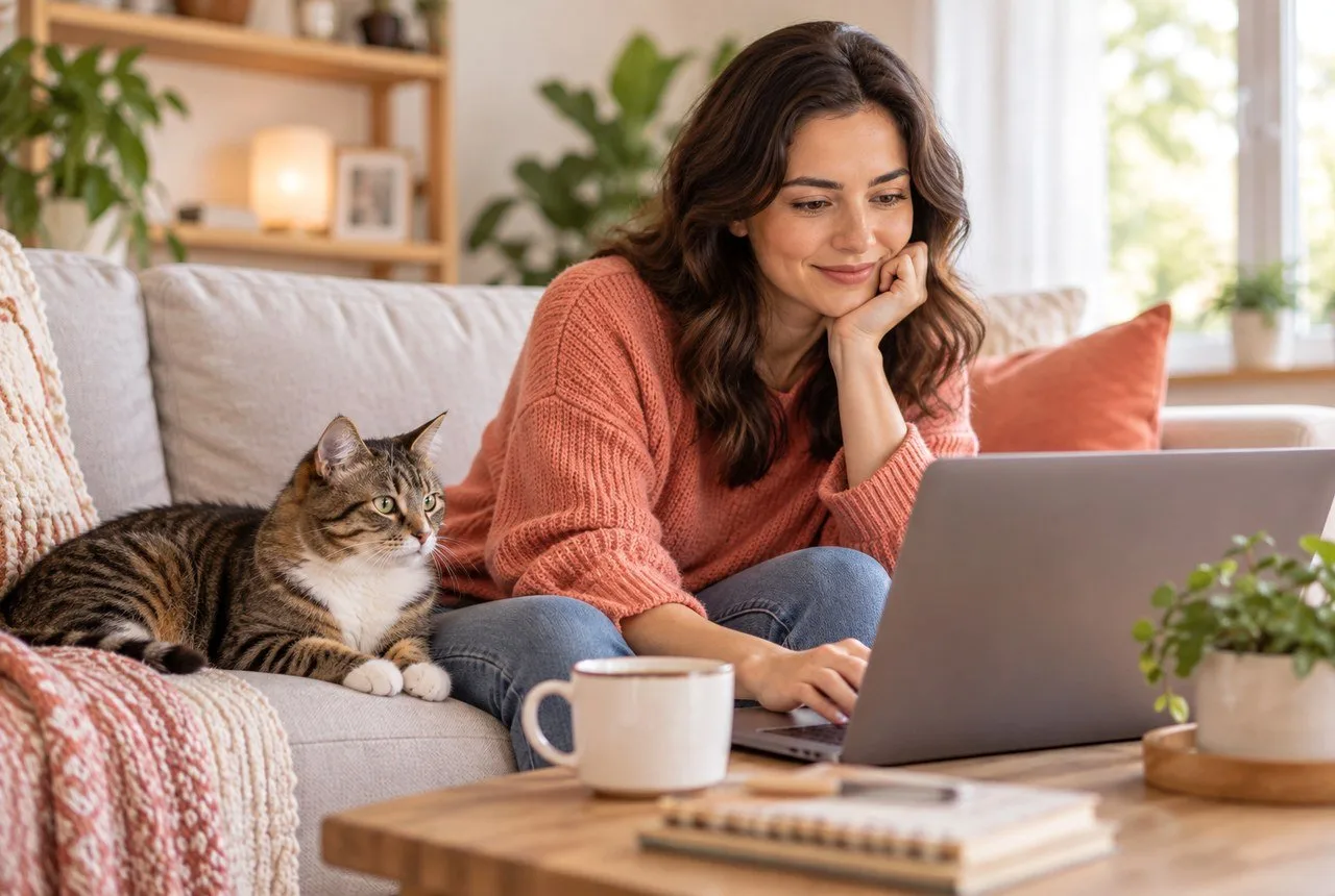 Person considering a laptop beside a tabby cat on a sofa
