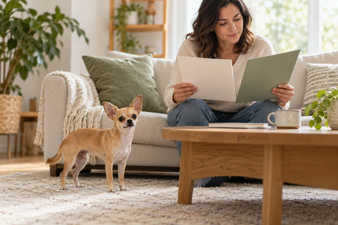 Owner reading papers beside a small tan dog in a living room